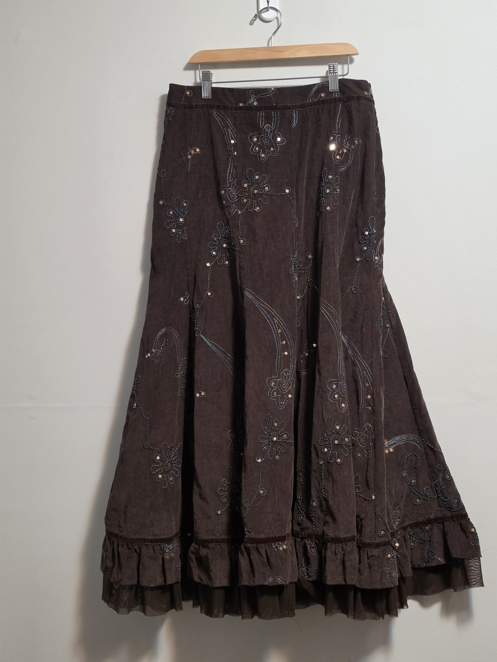 Vintage Tribal Corduroy Embroidered Sequin Brown Maxi Skirt with Ruffle Hem